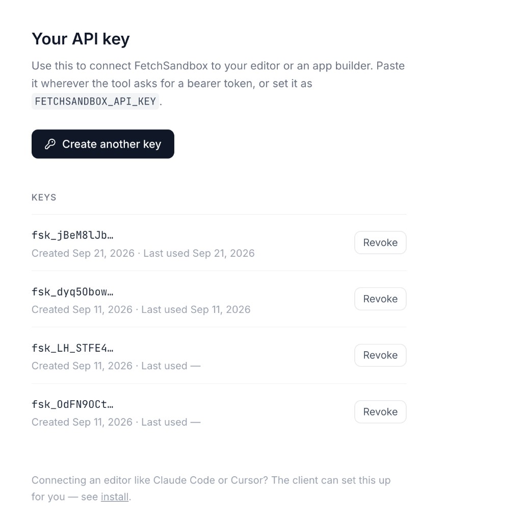 FetchSandbox keys page. Create another key, then copy the secret. The list shows truncated prefixes such as fsk_… with created and last-used dates.
