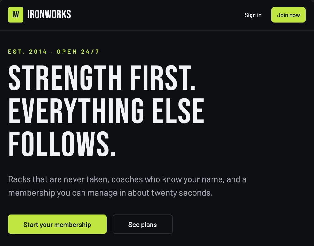 Ironworks preview in Lovable. Strength first. Everything else follows. Start your membership / See plans.
