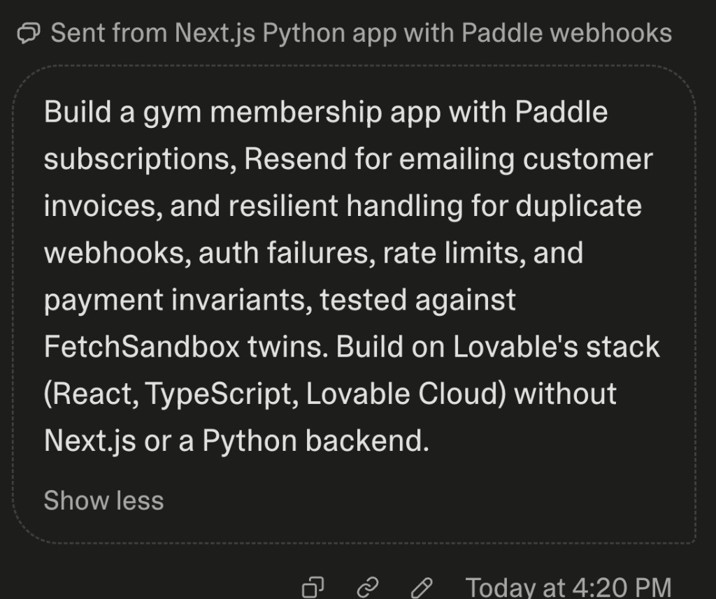 Lovable prompt for Ironworks: gym membership on Paddle and Resend, tested against FetchSandbox twins, Lovable Cloud stack only.