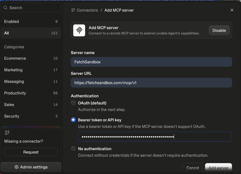 Lovable Add MCP server. Server name FetchSandbox, Server URL https://fetchsandbox.com/mcp/v1, Authentication set to Bearer token or API key.
